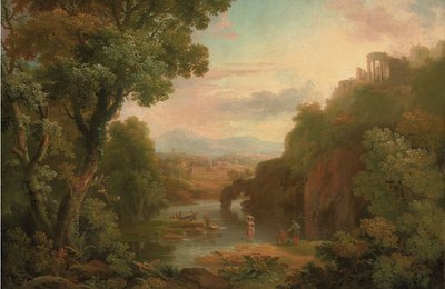 Ett klassiskt landskap med fiskare och en tvätterska, en villa på en kulle och berg i bakgrunden av Sr. George Barret