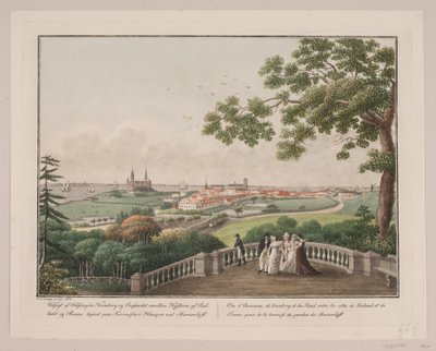 Utsikt över Helsingör, Kronborg och Öresund mellan Själlands och Skånes kuster. Skylten på altanen i hänget på Marienlyst av Søren L. Lange