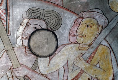 Fresk som föreställer armén som åtföljer kungen av Ceylon, Dambullas gyllene tempel (Unescos världsarvslista av Sri Lankan School