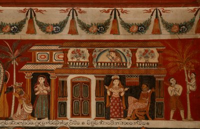 Väggmålning som visar ett singalesiskt hus i Subodharama-templet, Dehiwala (väggmålning) av Sri Lankan School