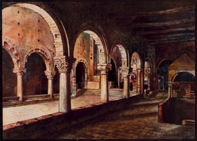 Italienska katedraler: Toscanella, utsikt över långhuset i San Pietro (färg litho) av Stafford Leake