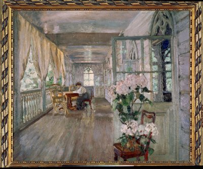 Terrass på en herrgård. Målning av Stanislav Yulianovich Zjukovsky (Zhukovsky) (1873-1944), olja på duk. rysk konst av Stanislav Joulianovitch Joukovski