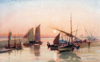 Fiskebåtar i floden Tagus (färglitografi) av Stanley Inchbold