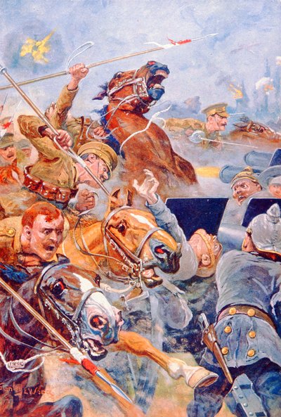 The 9th Lancers Charge under Retreat from Mons (färg litho) av Stanley L. (after) Wood