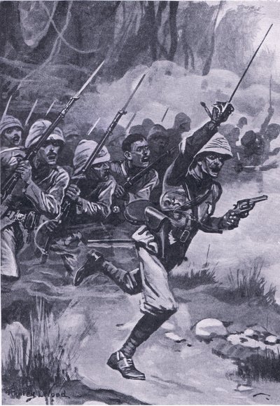 Britterna laddar Ashantis vid Amoaful, 31 januari 1874, illustration från brittiska striderna på land och hav, 1915 av Stanley L. Wood