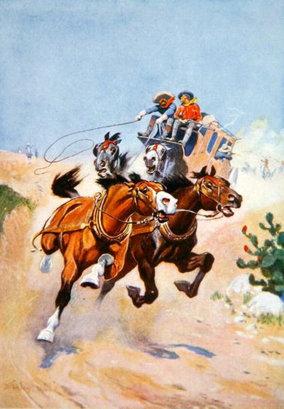 Diligens förföljd av indianer (färg litho) av Stanley L. Wood