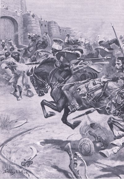 Den 16:e Lancers and Skinners Horse driver Jats in i Bharatpur; December 1825, illustration från British Battles on Land and Sea, 1915 av Stanley L. Wood