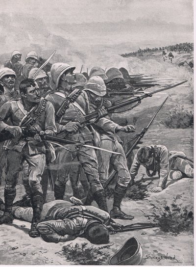 Torget vid ABU-Kru, 19 januari 1885, illustration från brittiska striderna på land och hav, 1915 av Stanley L. Wood