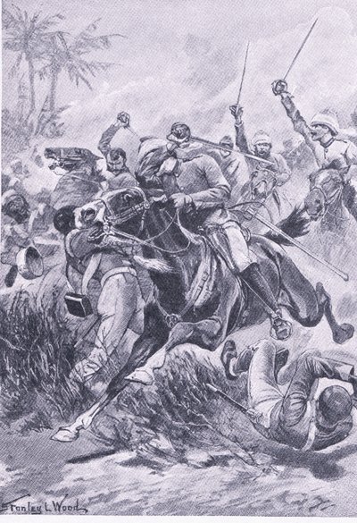 Frivilligt kavalleri utanför Lucknow, 30 juni 1857, illustration från British Battles on Land and Sea, 1915 av Stanley L. Wood
