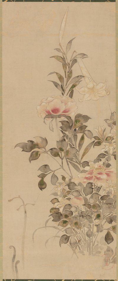 Pioner och liljor, Momoyama- eller Edo-perioden, 1568-1615. av Sôtatsu
