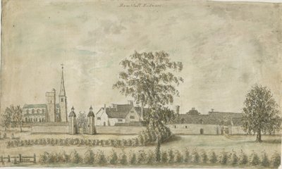 Hamstall Ridware - Kyrka och herrgård: akvarellmålning, nd [1762-1802] av Stebbing Shaw