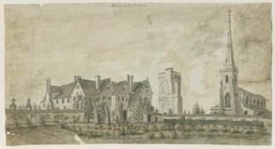 Hamstall Ridware - Kyrka och herrgård: akvarellmålning, nd [1762-1802] av Stebbing Shaw