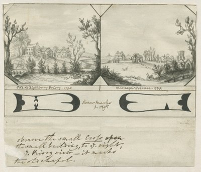 Mavesyn Ridware - Site of Blythbury Priory: indisk tuschteckning, 1795 av Stebbing Shaw