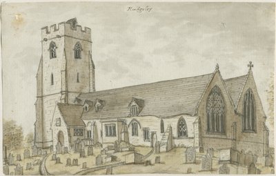 Rugeley Church (gammal): akvarellmålning, nd [1762-1802] (målning) av Stebbing Shaw