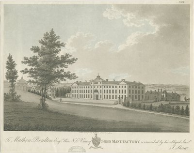 Soho Manufactory: färgad akvatintgravyr, nd [c 1798] (tryck) av Stebbing Shaw