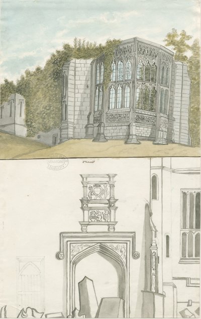 Tixall - Gotiska fönster och heraldiska antikviteter: akvarellmålning, nd [1762-1802] (målning) av Stebbing Shaw