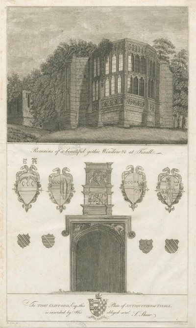 Tixall Hall - Gotiska fönster och heraldiska antikviteter: gravyr, nd [1762-1802] (tryck) av Stebbing Shaw