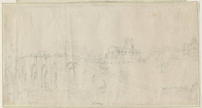 Tutbury Church and Castle - North East View: blyertsteckning, nd [1762-1802] (ritning) av Stebbing Shaw