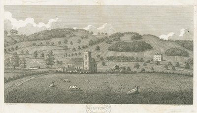 Wolseley - Colwich Church och Oakedge House: gravyr av Stebbing Shaw