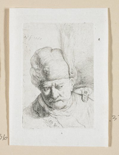 Huvud av en man med en turban prydd med en fjäder av Stefan Juliusz Norblin de la Gourdaine