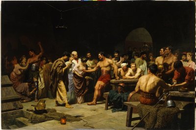 Gladiatorer innan de går in på arenan. (Gladiatorerna före ett framträdande på Arena). Romerska patricier besöker och bedömer gladiatorernas fysik före kampen, kvinnor smickrar och gratulerar kämparna. Målning av Stepan ( av Stefan Vladislavovich Bakalowicz