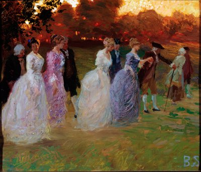 Slottets återkomst Eleganta ungdomar som återvänder från en världslig händelse (fest eller mottagning) (Återvänder från palatset) Målning av Stefano Baghino (1881-1920) gener, Galleria d