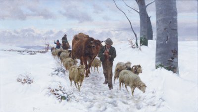 På väg tillbaka från marknaden efter snöfallet, före 1877 (olja på duk) av Stefano Bruzzi