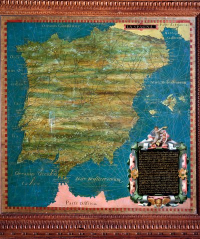 Spanien och Portugal Karta gjord av Stefano Bonsignori (? -1589) italiensk kosmograf och målare. Omkring 1581. Florens, Palazzo Vecchio, Sala del Mappamondo av Stefano Buonsignori