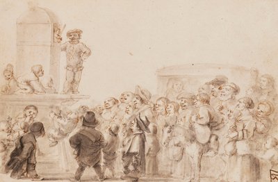 En grupp dvärgar tittar på en dockteater, med en vagn i bakgrunden av Stefano della Bella