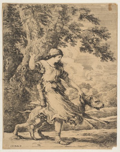 En nymf som håller en stor hund i halsbandet, ca. 1654. av Stefano della Bella