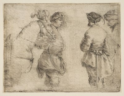 En påle som leder en häst vid tränsen och talar med två andra män, ca. 1662. av Stefano della Bella