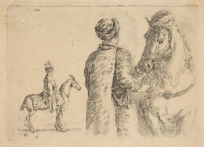 En polsk brudgum, från baksidan, håller en häst i tränsen, ca. 1662. av Stefano della Bella