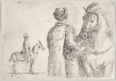 En polsk betjänt, sedd bakifrån, håller tygeln på en häst åt höger, en polsk hor..., ca. 1662. av Stefano della Bella