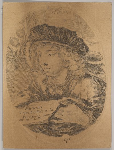 En byst av en ung man som bär en keps med fjädrar, vände tre fjärdedelar åt vänster, ..., 1650. av Stefano della Bella