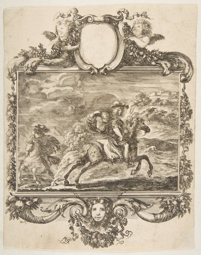 En kavaljer och en dam till häst, inom en utsmyckad bård dekorerad med frukt och c..., ca. 1655. av Stefano della Bella