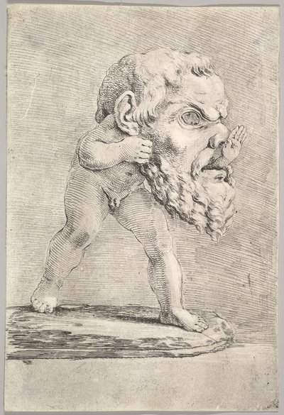 Ett barn som bär en stor mask och för sin hand genom munnen, ca. 1660. av Stefano della Bella