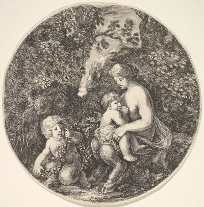 En kvinnlig satyr som ammar ett barn till höger, vänd mot vänster, ett satyrbarn..., 1639. av Stefano della Bella