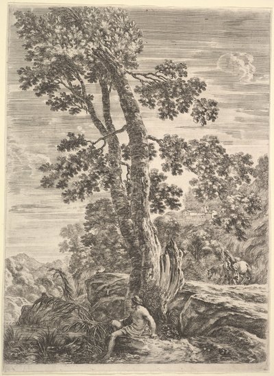 En fiskare i mitten vänd mot vänster och lutad mot ett stort träd, en kvinna som går..., ca. 1652-57. av Stefano della Bella