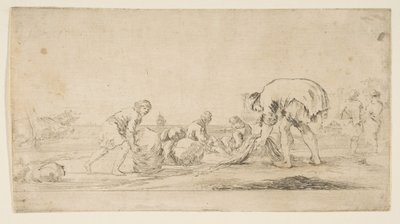 En fiskare som tar in sina nät, en man till vänster som skjuter en bal till höger, tvåsits..., ca. 1662. av Stefano della Bella