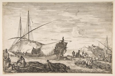 En galär täckt av segel till vänster, sex kanoner och fyra personer till vänster i förgrunden, en ..., 1655. av Stefano della Bella