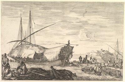 Ett pentry täckt av segel till vänster, sex kanoner och fyra personer till vänster i förgrunden..., ca. 1652-57. av Stefano della Bella
