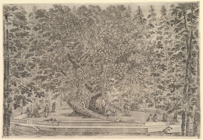 Ett stort bebott träd i centrum med ramper som leder runt stammen, nedanför en stenpa..., ca. 1653. av Stefano della Bella