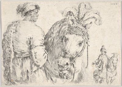En man till vänster i profilen ger en handfull hö till en häst i mitten, en ryttare till t..., ca. 1662. av Stefano della Bella