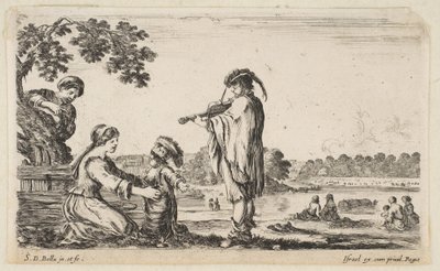 En man som spelar fiol i mitten, vänd åt vänster i profil, en sittande kvinna till ..., 1649. av Stefano della Bella