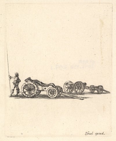 En mortel och en kanon, båda monterade på vagnar, en soldat visad från den bakre sta..., ca. 1638-43. av Stefano della Bella