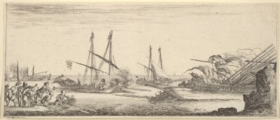 Ett sjöslag, en roddbåt full med män till vänster, ett sjunkande skepp till höger, två galärer ba..., ca. 1641. av Stefano della Bella