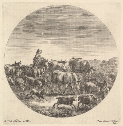 En bondkvinna som satt på en häst till vänster, vänd till höger, omgiven av en flock fc..., ca. 1643-48. av Stefano della Bella