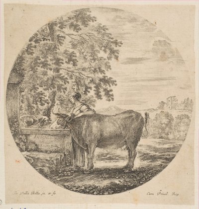 En bondkvinna med en ko vid en fontän dekorerad med Medici-armarna, från Six ani..., ca. 1646. av Stefano della Bella