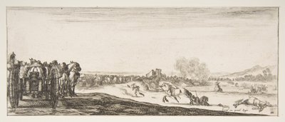 En procession av hästdragna kanonvagnar till vänster, ryttare i strid och en död ho..., ca. 1641. av Stefano della Bella