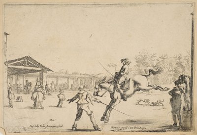 En ridskola, en ryttare med svärdshoppning regisserad av en annan man med svärd i..., ca. 1645. av Stefano della Bella